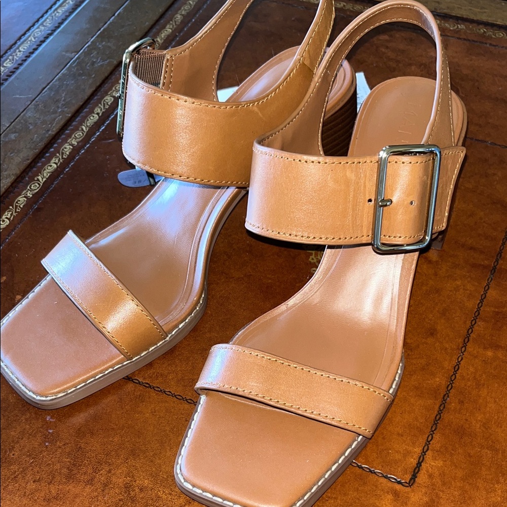 Leather NWTs Mango Cognac 2&1/2 Heel Sandals Size 8 - Picture 7 of 8